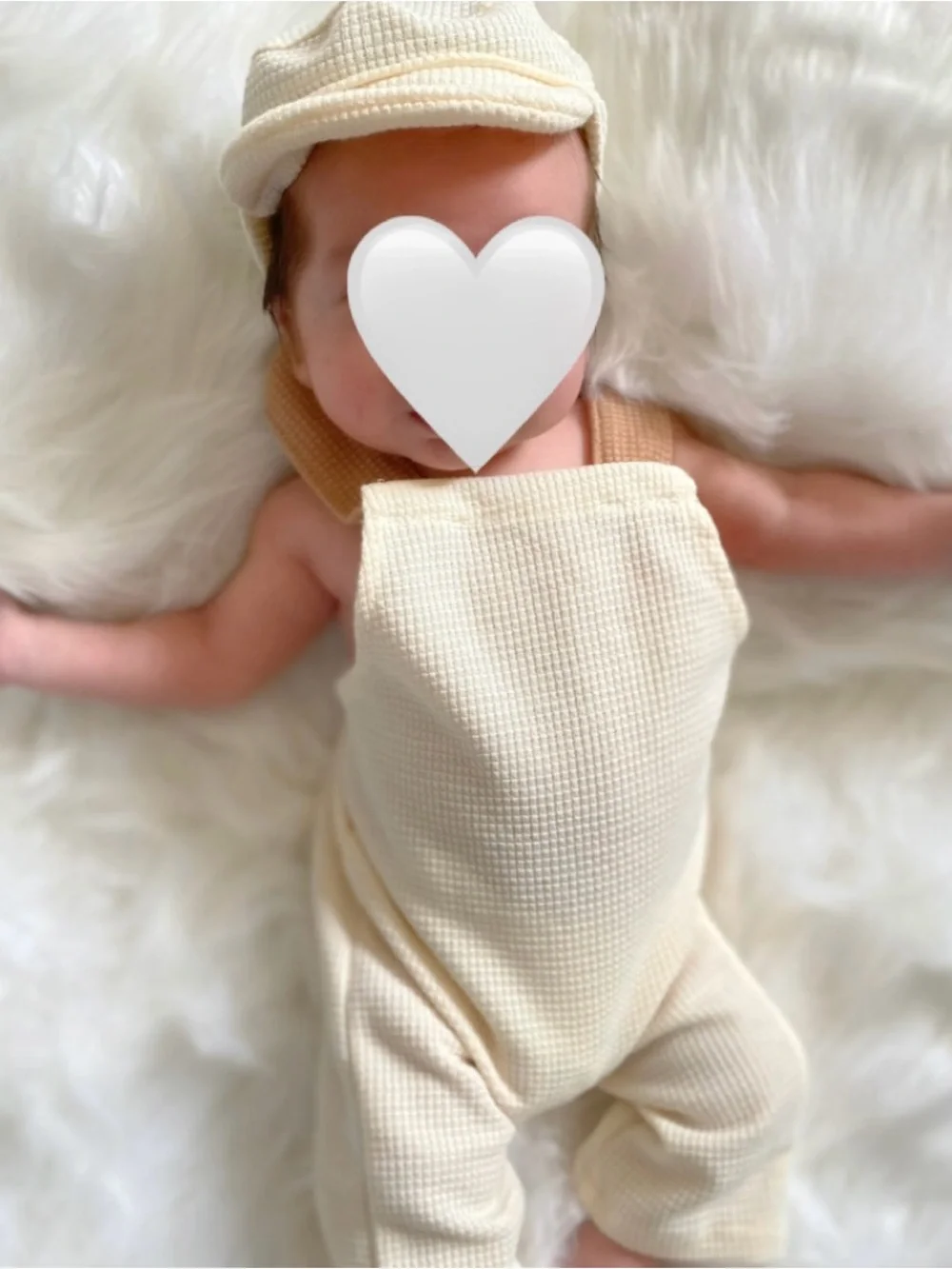 Cream Waffle Knit Overalls with Brown Straps and Matching Hat